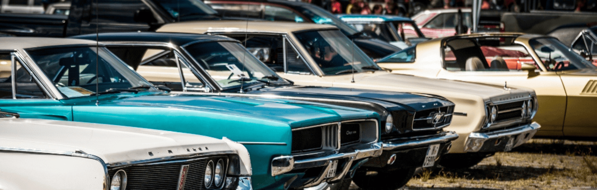 Reihe glänzender US-Oldtimer aus den 1960ern auf einem Oldtimertreffen bei sonnigem Wetter.